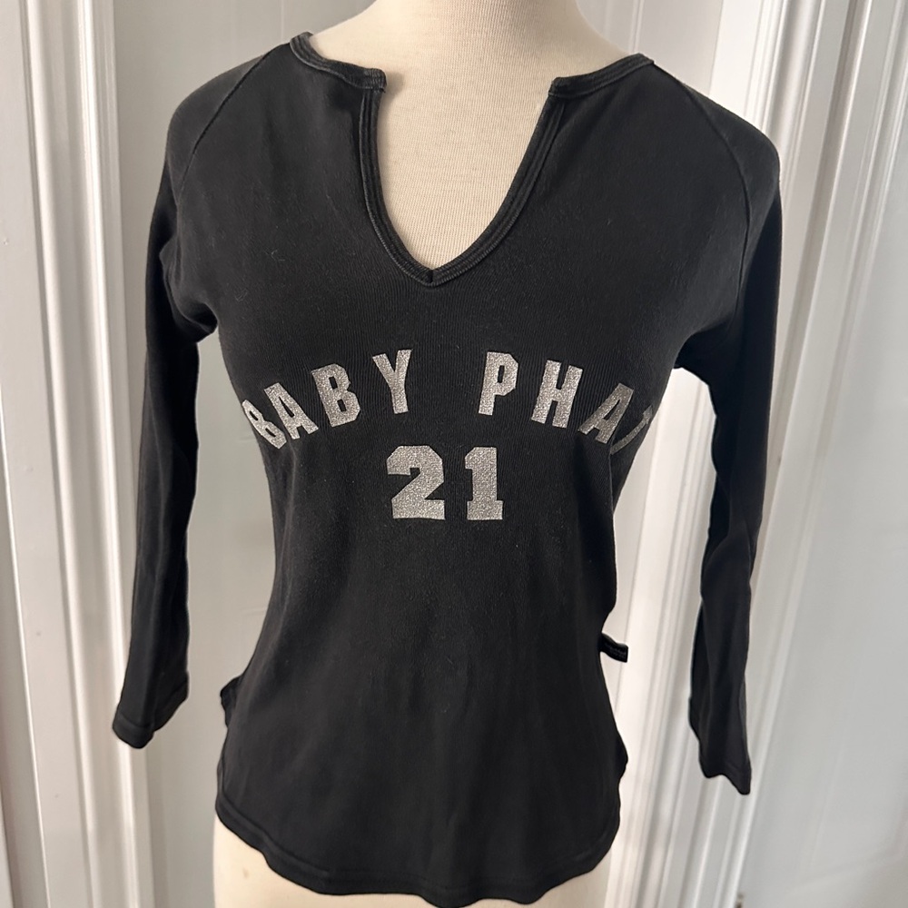 Vintage Baby Phat Black V-Neck Long Sleeve Top with Silver Glitter Logo